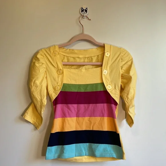 Vintage Yellow Ruched Sleeve Top with Colorblock and Faux Cropped Jacket size XS - Picture 4 of 6